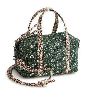Vera Bradley Green Floral Quilted Mini Duffel Bag with Crossbody Strap & Handles
